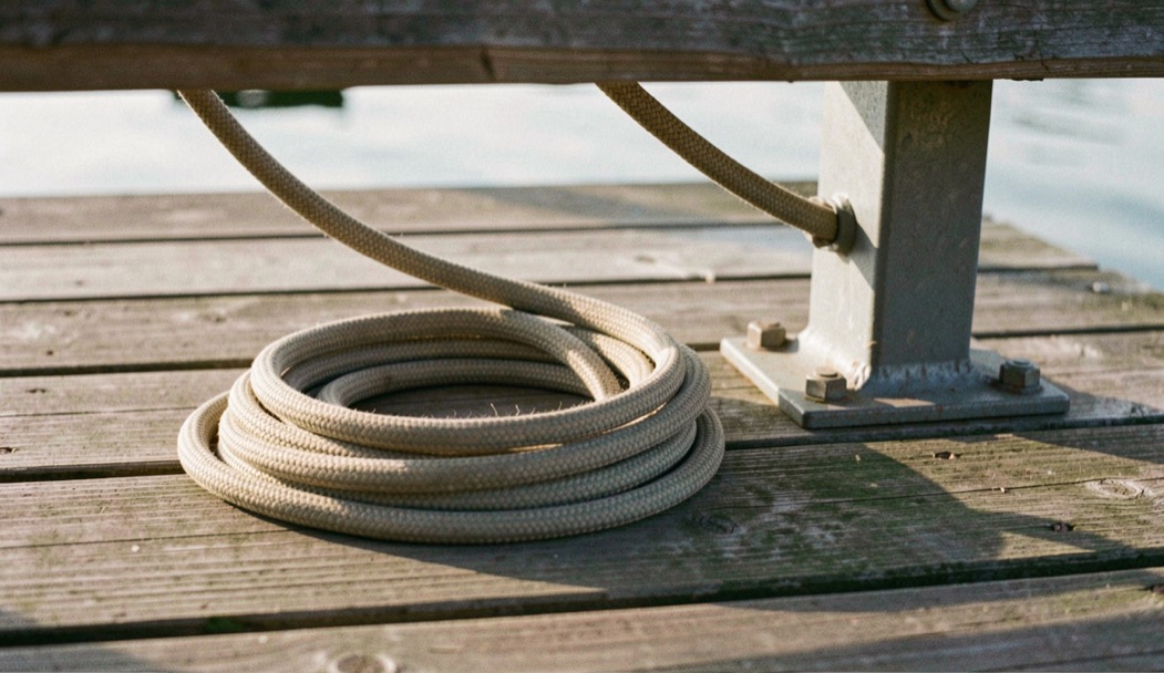 A coiled climbing rope resting on weathered dock planks beside a metal cleat, morning side light from the left, tight overhead framing that includes the rope's end and the cleat's base.