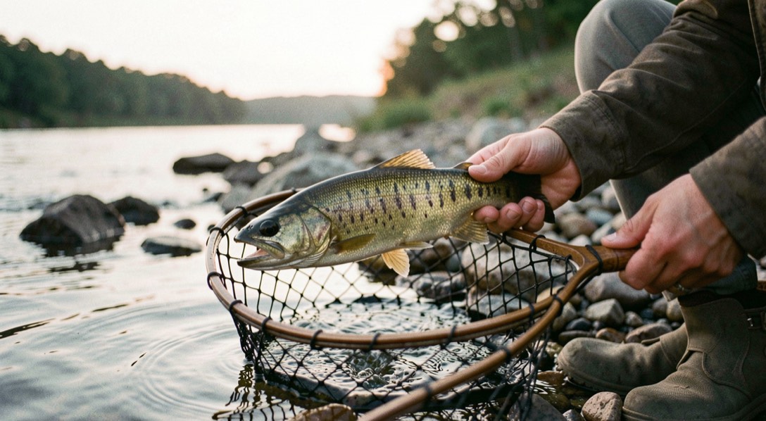A rocky river bank at first light, a bronze smallmouth bass held just above the water surface in a net, faint vertical bars visible, the angler's hands in frame and the far bank soft in the background.