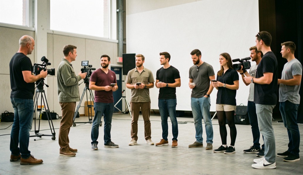 Performers, coaches and camera crew share a marked production floor during a calm action rehearsal briefing.