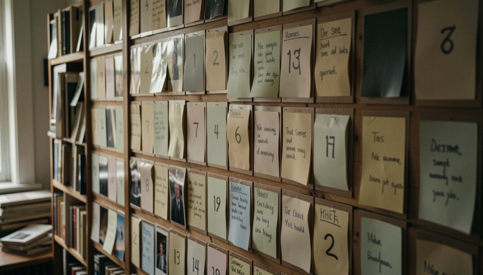 Wall of numbered photo sleeves and handwritten labels in dim archive room.