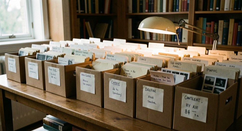Rows of labeled archive boxes contain film notes and contact sheets under a warm library reading lamp.