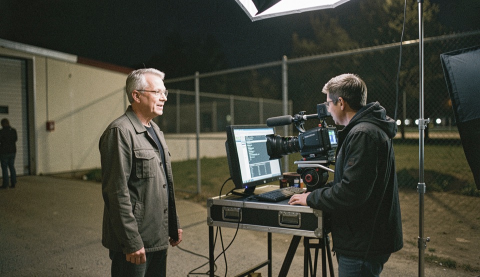 Assistant director speaks with camera operator near monitor cart during quiet night shoot.