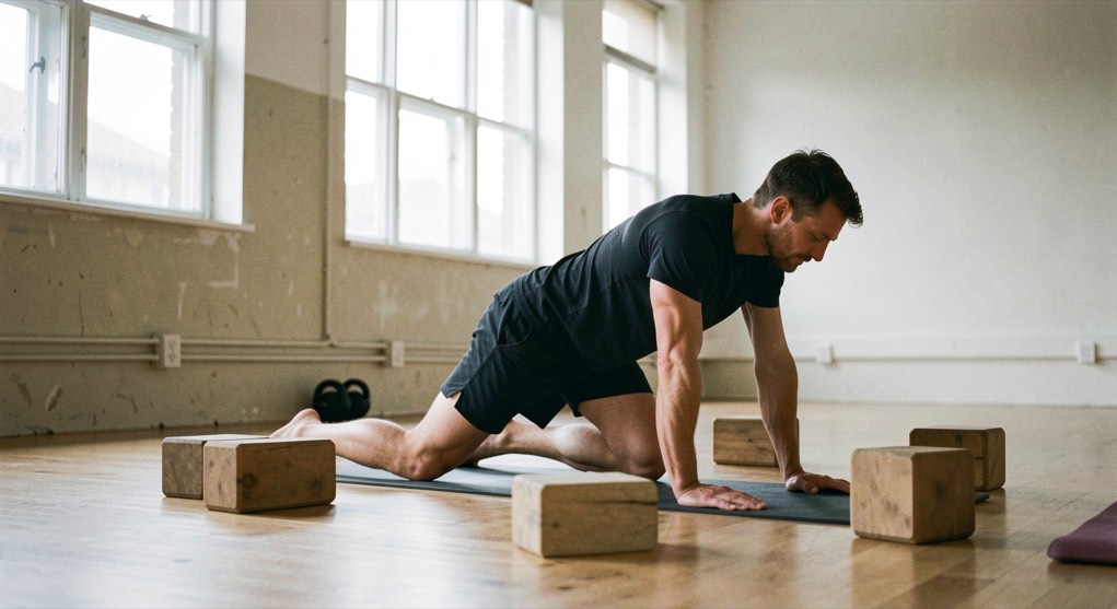 An athlete performs a controlled mobility session on an empty training studio floor with yoga blocks and natural window light.