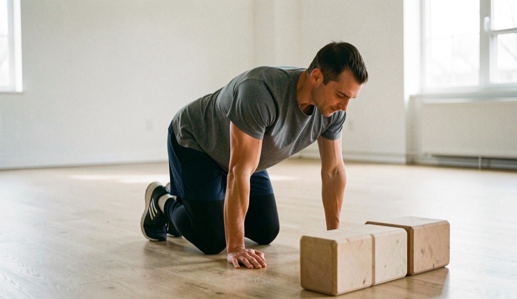 Athlete performs controlled hip mobility drill beside yoga blocks in bright empty studio.