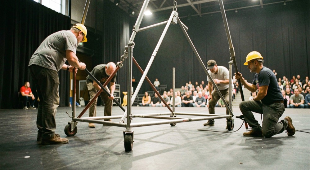An empty soundstage aerial rig is inspected from floor level by a qualified crew before performers enter the space.