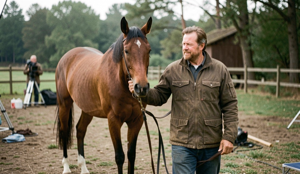 A professional animal handler calmly leads a trained horse across a quiet outdoor film set during preparation.
