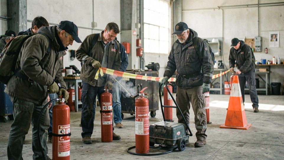 Licensed effects crew inspect extinguishers and a marked exclusion zone during a cold rehearsal with no active flame.