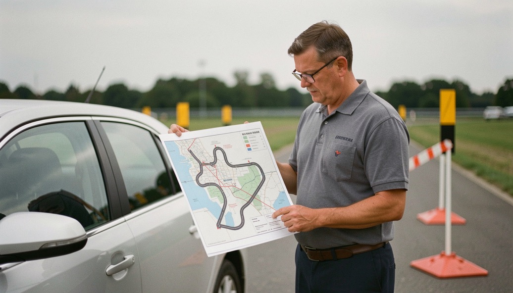 A driving instructor and performer study a closed-course map beside a parked car and track markers.