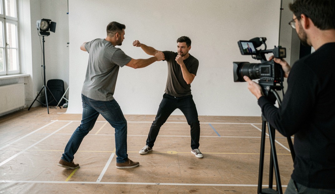Two performers rehearse a wide screen-combat cue on a taped studio floor while a choreographer watches from beside the camera.