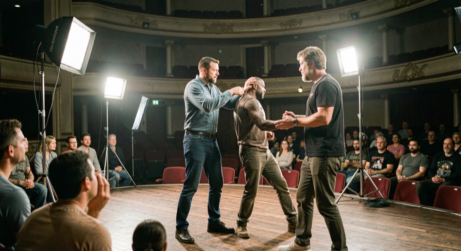 Stage performers review a choreographed combat call with a fight director beneath work lights in an empty theatre.