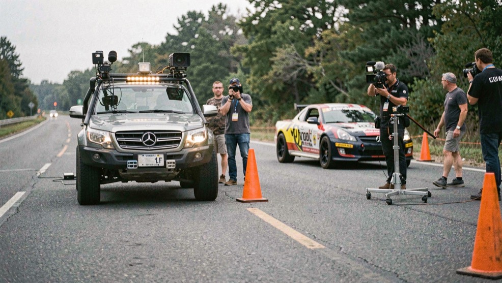A camera vehicle and stunt car wait beside cones on a closed production road while crew review the route.