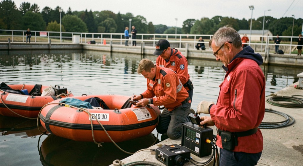 A water safety team checks rescue floats and communication equipment beside a quiet film tank before rehearsal.