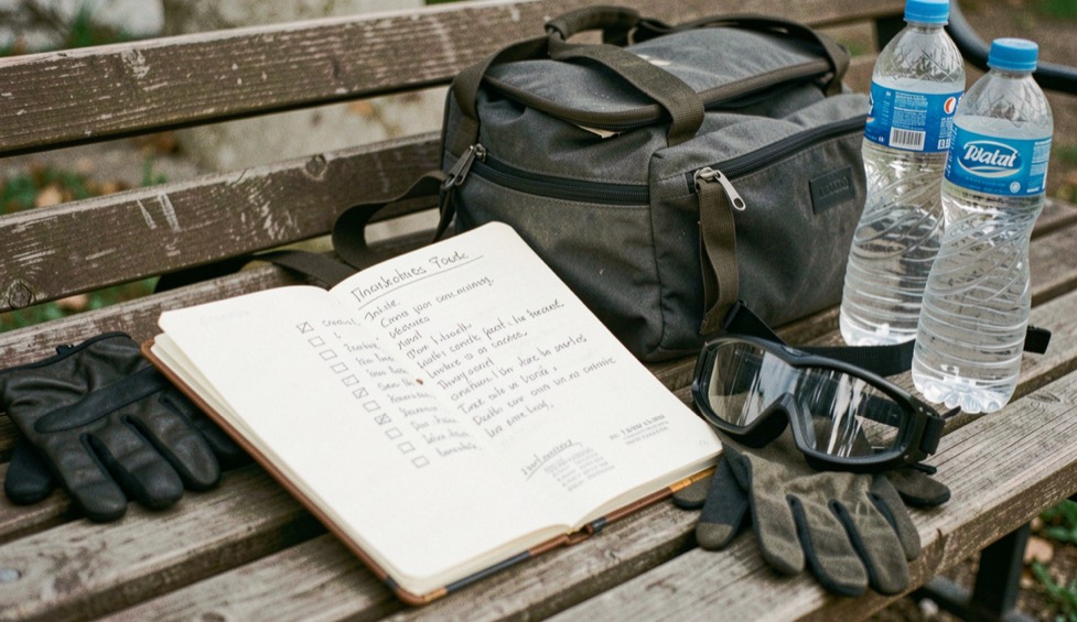 Open notebook checklist beside packed bags gloves goggles and water bottles on wooden bench.
