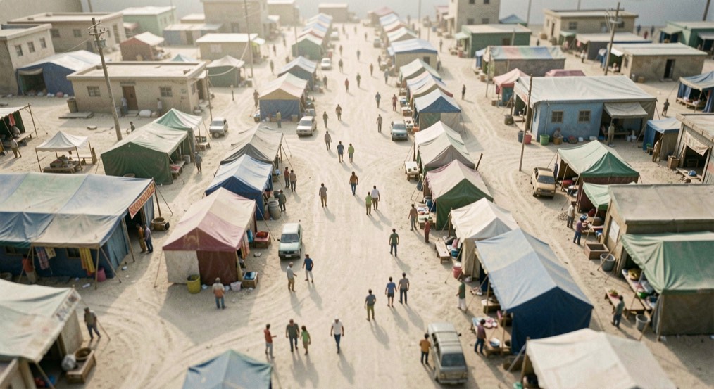 Aerial-style model of temporary city streets surrounded by pale dust and tiny tents.