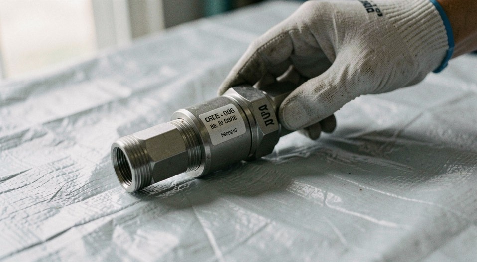 Close-up shows gloved hand inspecting labeled metal connector on clean tarp-covered table.