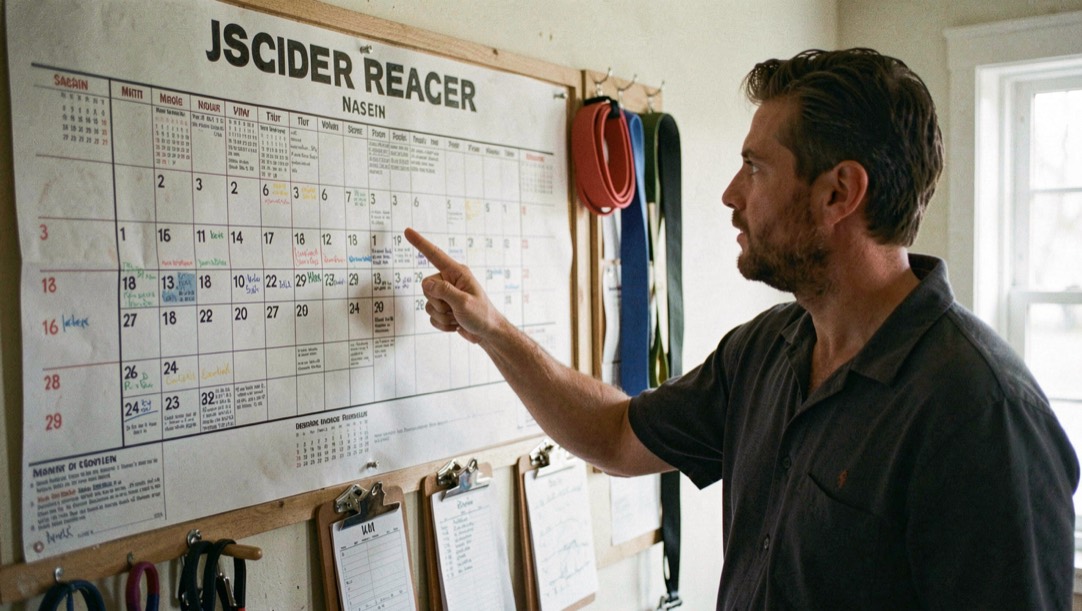 Coach points at large printed season calendar pinned above resistance bands and clipboards.
