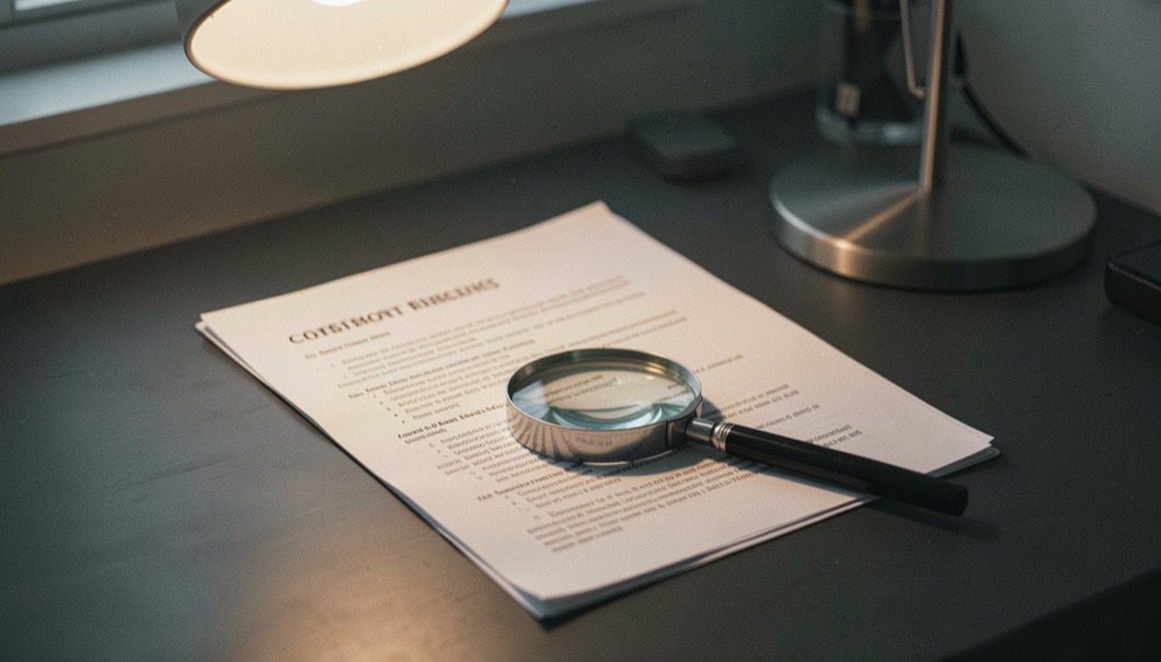 Contract page magnifying glass and pen arranged on dark desk under focused lamp.