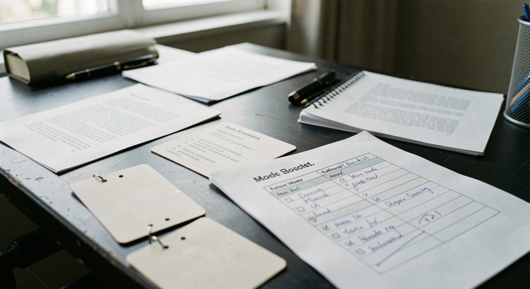 Printed source notes, role cards and a marked editorial checklist arranged on a dark review desk.