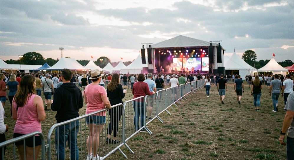 Empty festival crowd barrier lines curve toward distant lit stage under cloudy evening sky.