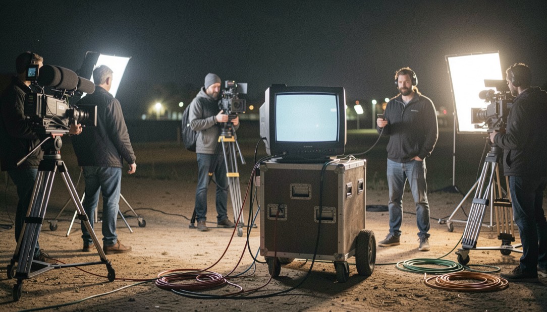 A film set at night with camera crew, practical lights and cables around a quiet monitor cart.