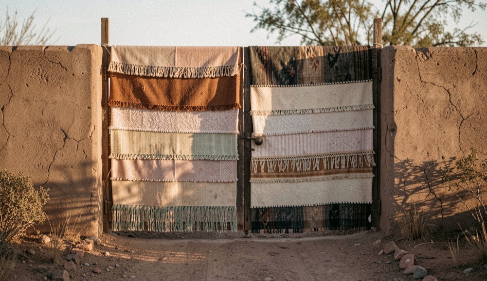 Handmade entrance gate with layered fabric panels catches late afternoon desert sunlight.