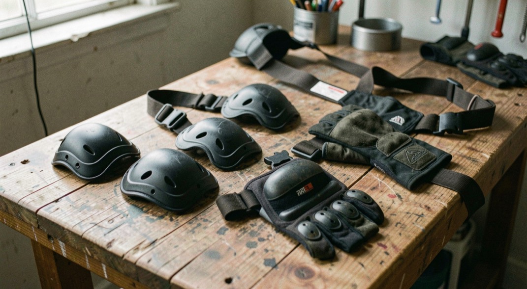 Helmet knee pads gloves and harness laid out neatly on worn wooden workshop bench.