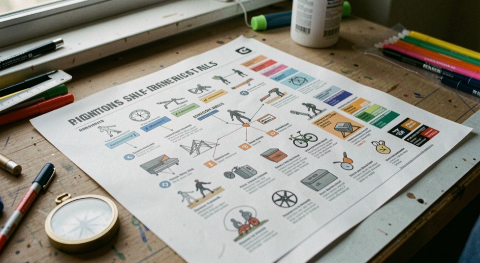 A printed action-performance atlas with icons and colored markers lies open on a dark drafting table.