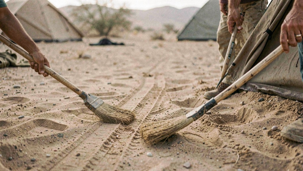 Hands rake swept desert site leaving faint parallel lines beside packed tent footprint.