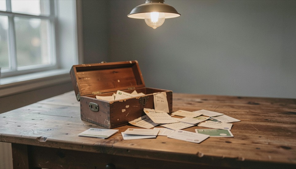 Wooden box with worn prompt cards spills onto rustic table under single overhead bulb.