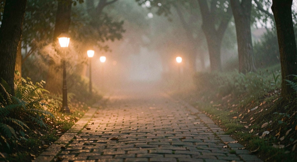 Fine mist drifts across a dimly lit pathway illuminated by low amber lamps.