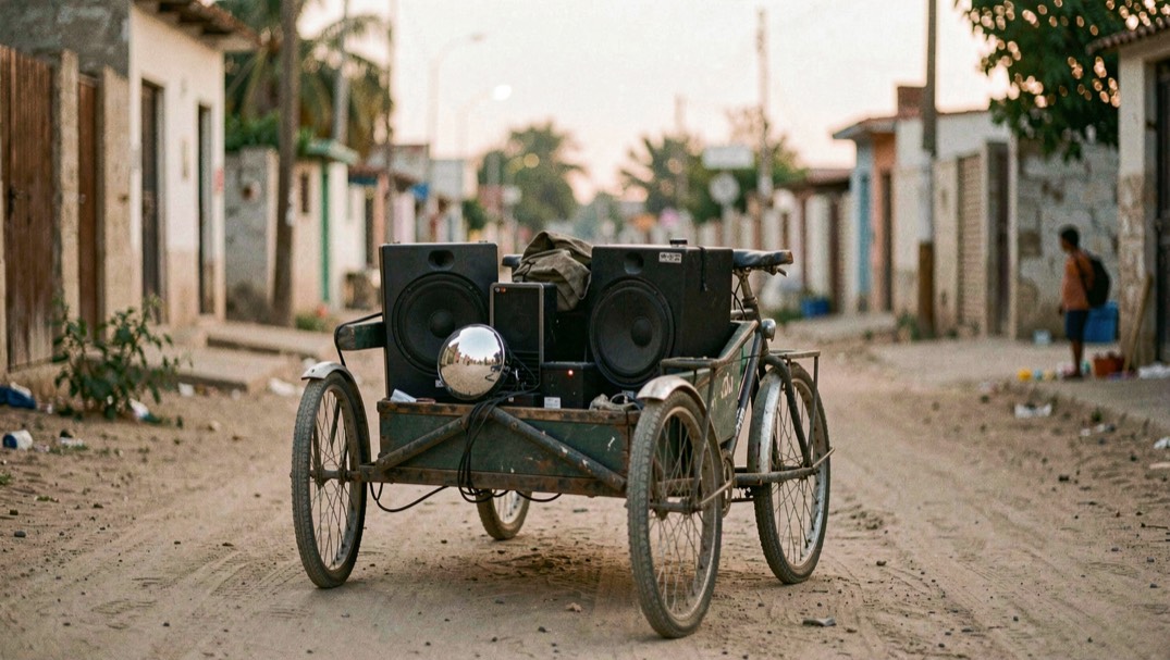Modified bicycle trailer carries speakers and small mirror ball through sandy evening street.
