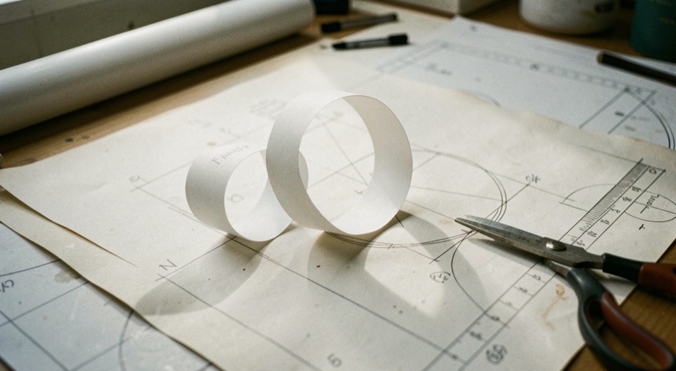 Continuous paper loop model casts curved shadow on drafting table near scissors.