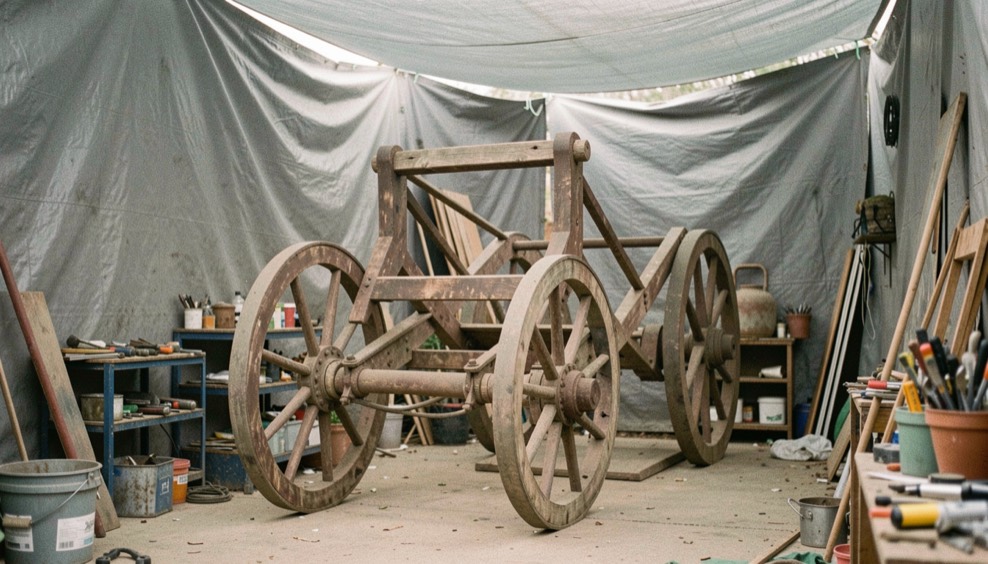 Oversized sculptural chariot frame rests in cluttered outdoor workshop corner under tarp.