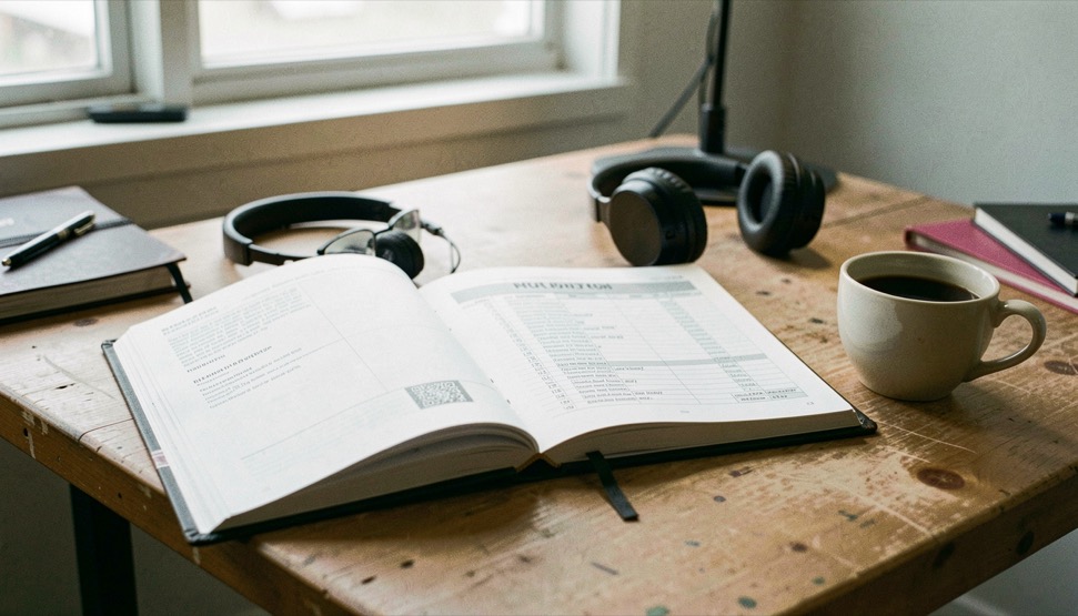Open portfolio book next to call sheet headphones and coffee cup on production desk.
