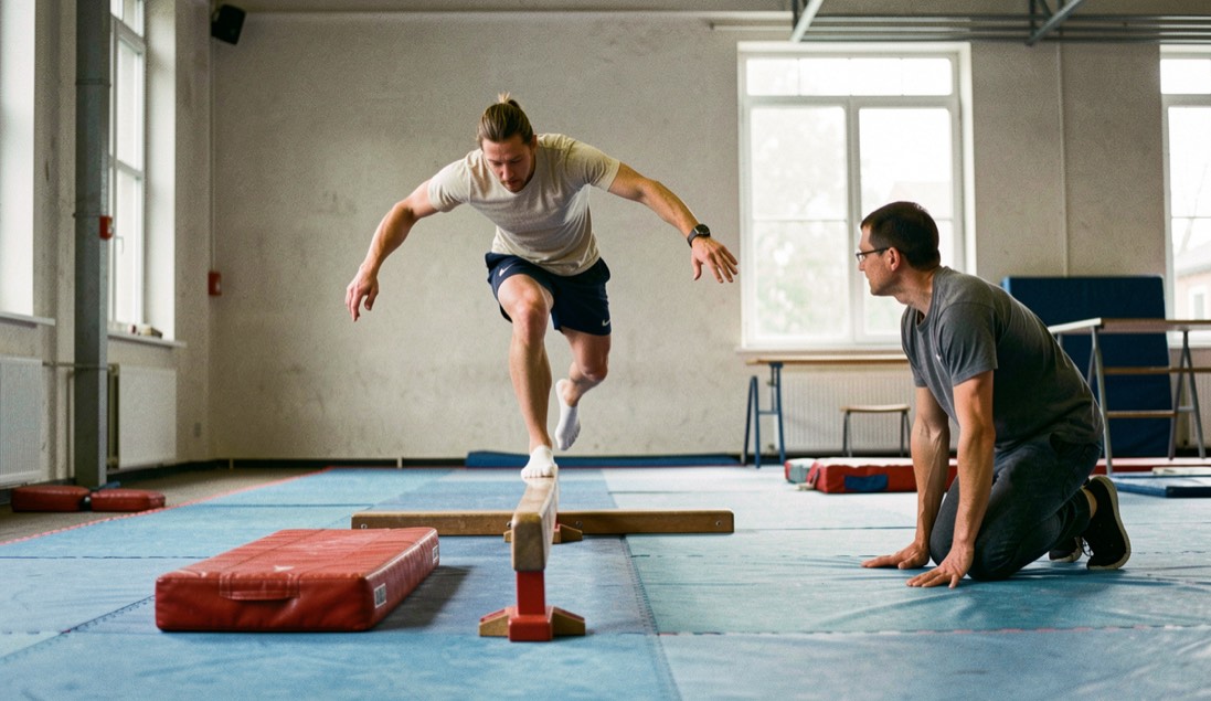 Performer balances on low beam while spotting partner watches from padded gym floor nearby.