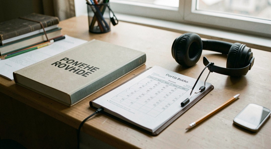 A portfolio book and call sheet rest beside headphones and a pencil on a tidy production desk.
