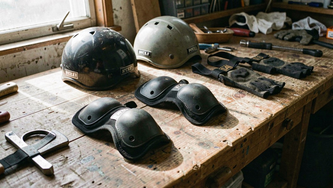 Helmets knee pads gloves and harness laid out neatly on a worn wooden workshop bench under raking daylight.