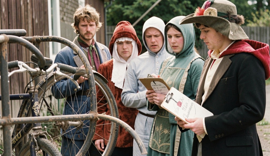 Group of costumed participants holds clipboard and handmade badge near dusty bicycle rack.