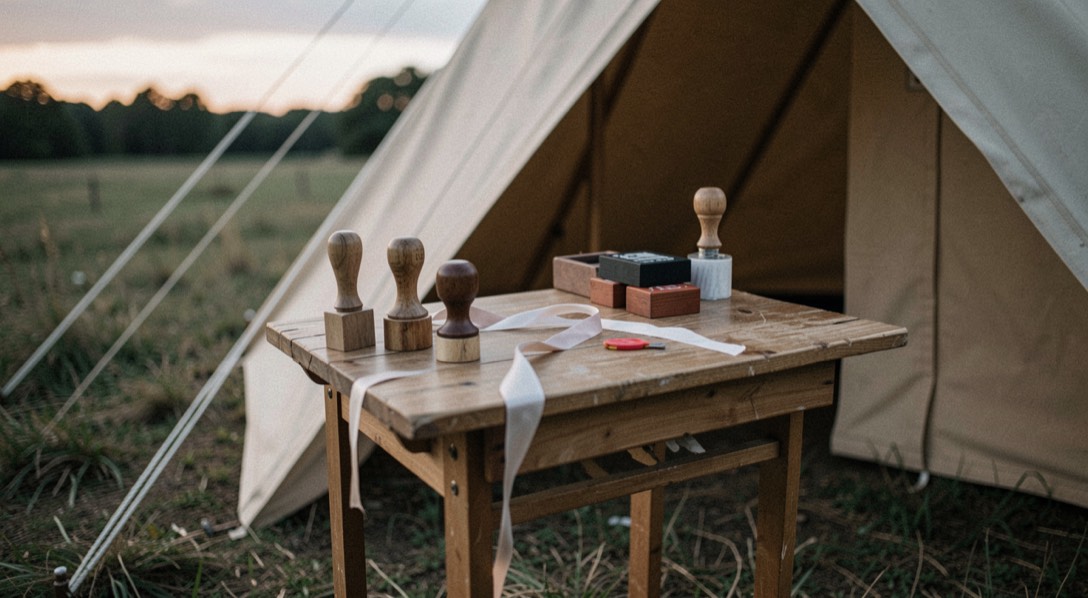 Small portable desk with rubber stamps and ribbon sits outside canvas tent at dusk.