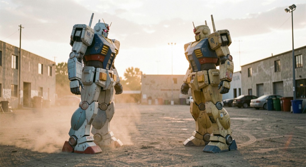 Two oversized robot controllers face each other across a dusty outdoor plaza at sunset.