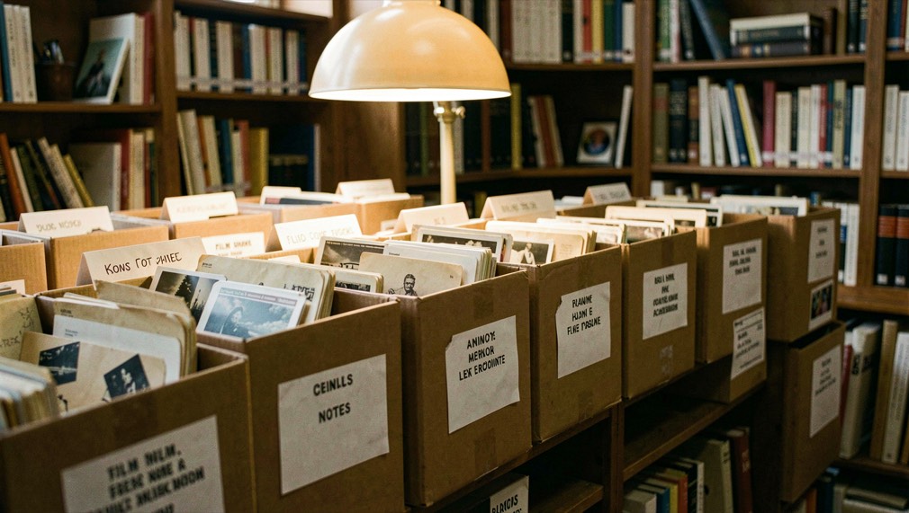 Rows of labeled archive boxes contain film notes and contact sheets under warm library lamp.