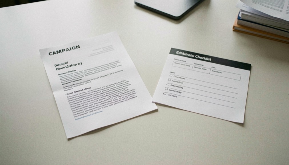 A campaign brief, disclosure label and editorial review checklist lie separated on a clean production desk.
