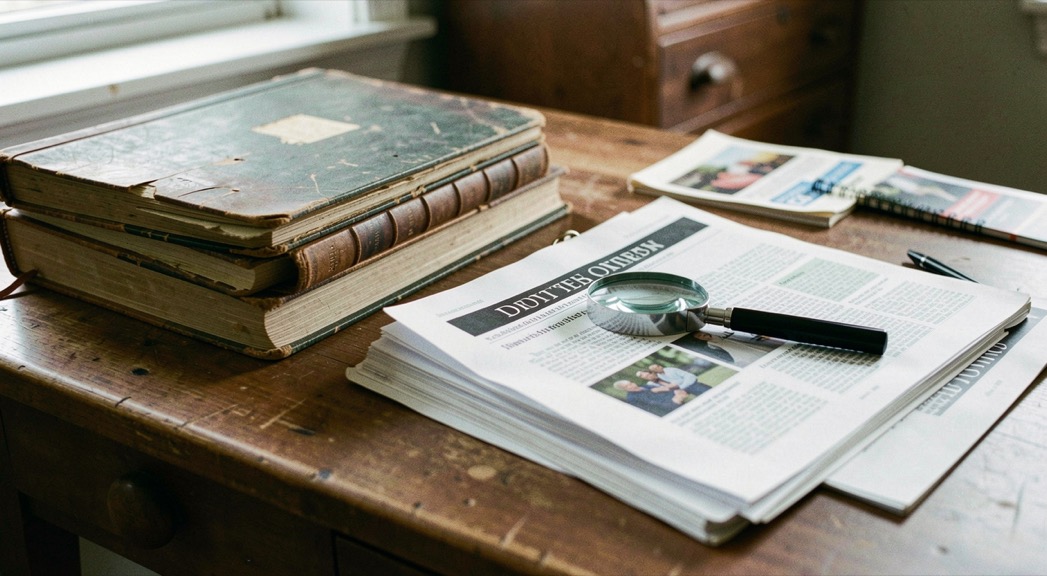 Stack of aged notebooks and printed web pages lie open beside magnifying glass on archive table.