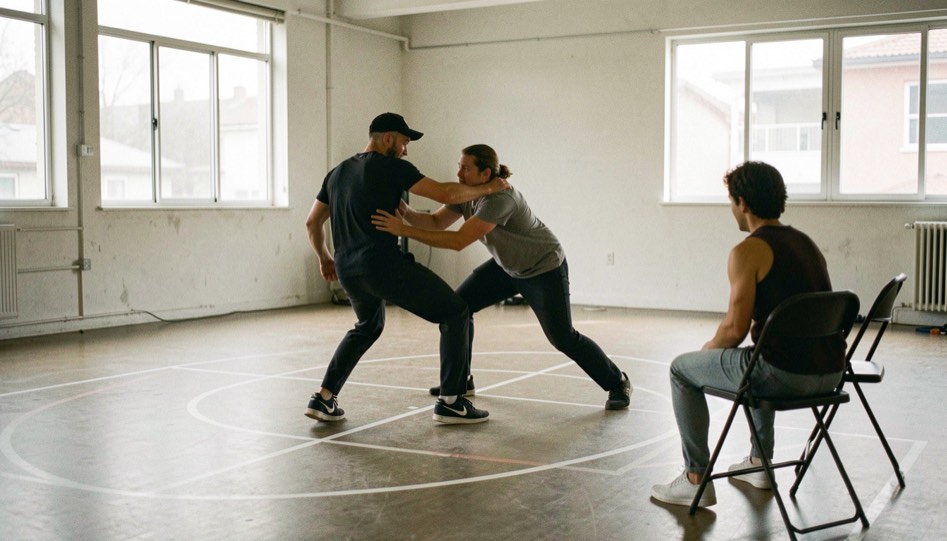 Two performers rehearse a wide fight cue on a marked floor while a choreographer observes from a folding chair.