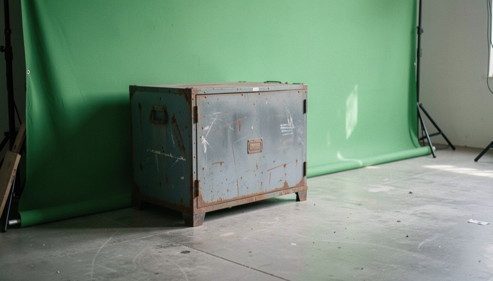 Weathered practical set piece sits beside a green screen wall under cool studio lighting.